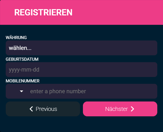 Sweetsino Registrierung Schritt zwei Währung Geburtsdatum Mobilnummer