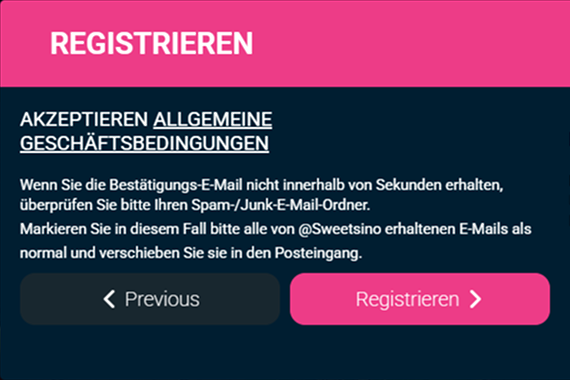 Sweetsino Registrierung Schritt eins Benutzername E-Mail Passwort